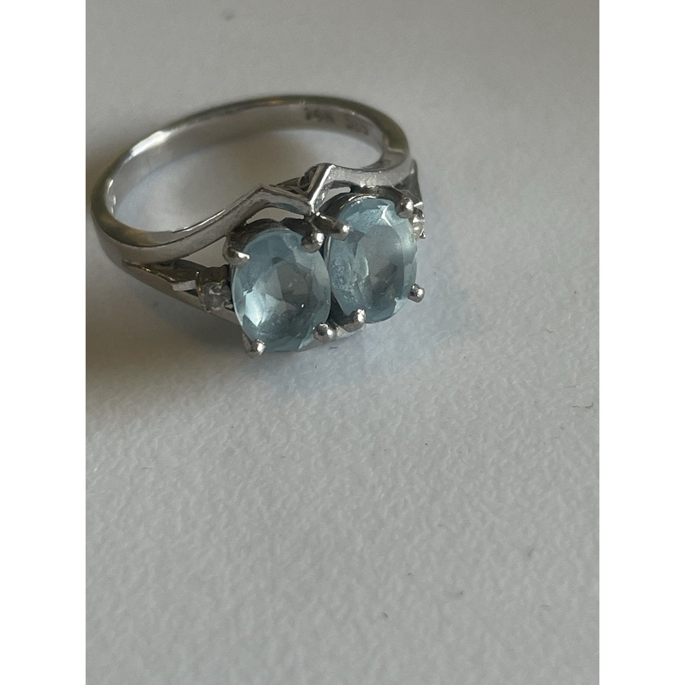14K White Gold Blue Stone Ring Aquamarine 2 Oval Diamond Accent Vintage Sz 5.5 - Picture 2 of 8